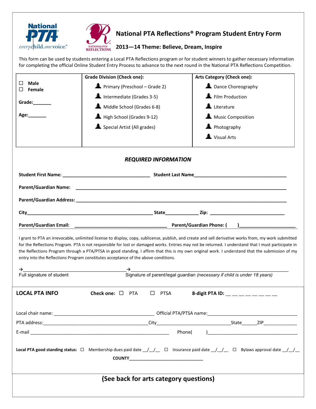 National PTA Reflections Program Student Entry Form