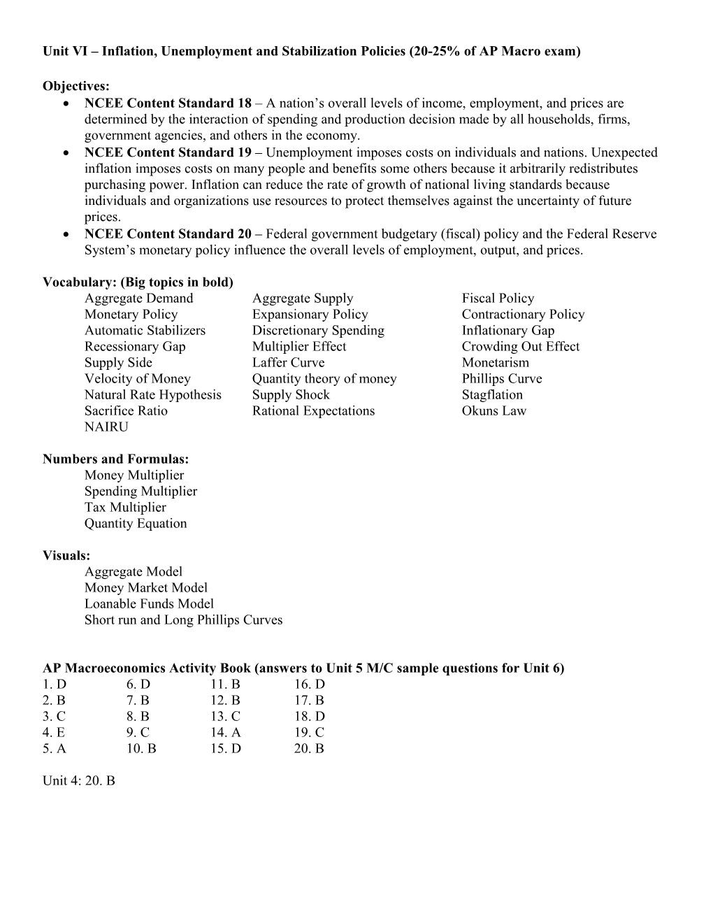 Unit VI Inflation, Unemployment and Stabilization Policies (20-25% of AP Macro Exam)