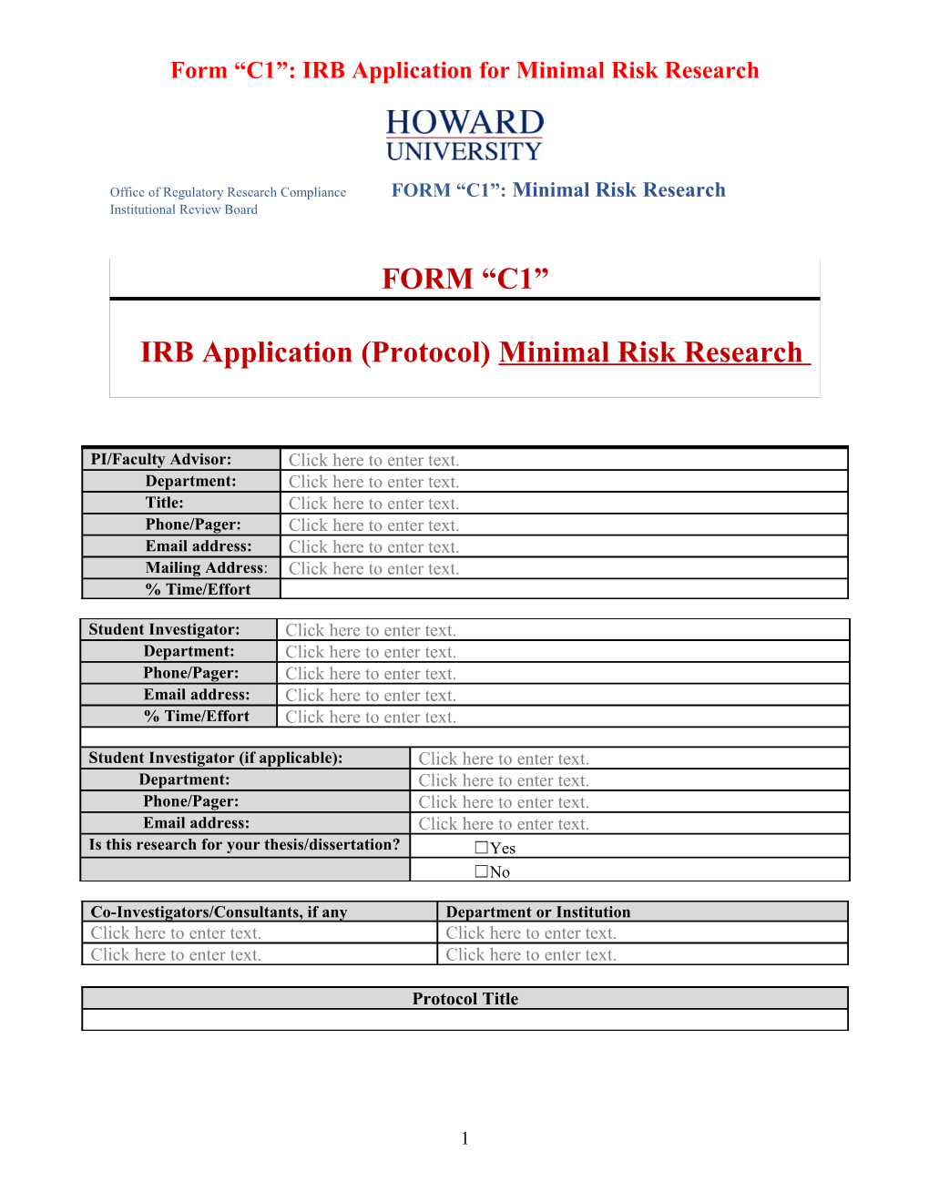 Form C1 : IRB Application for Minimal Risk Research