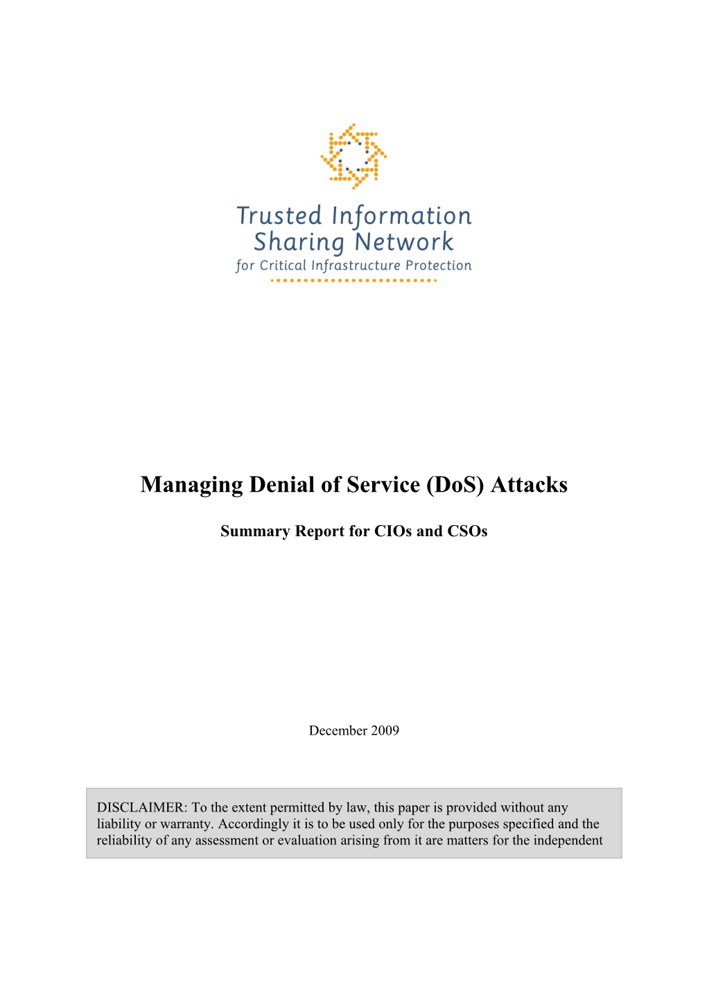 Ging Denial of Service (Dos) Attacks - Summary Report for Cios and Csos DOC 210KB