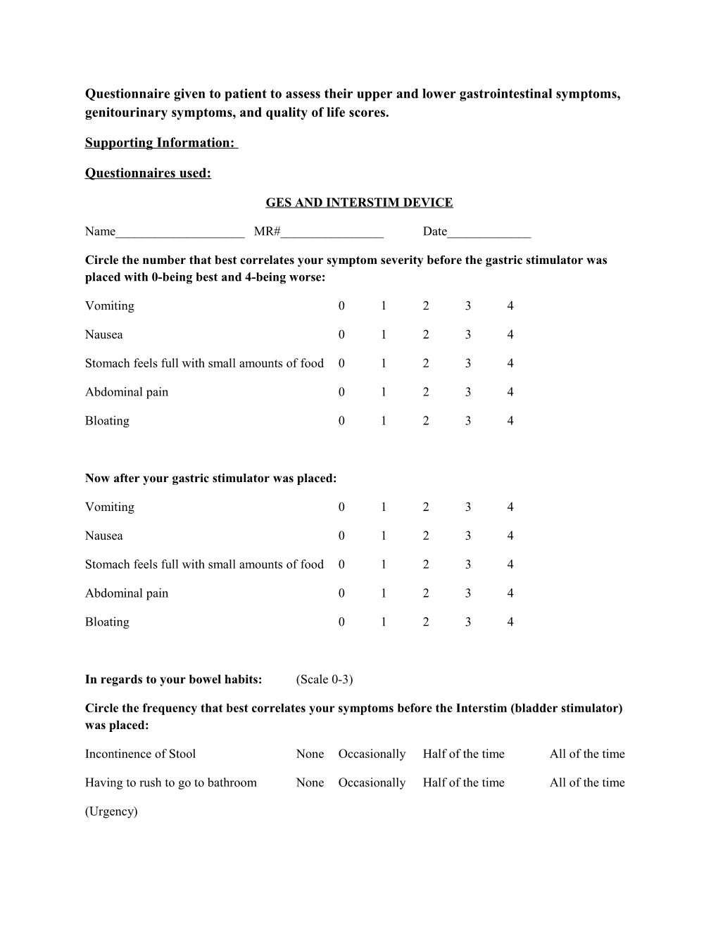 Questionnaire Given to Patient to Assess Their Upper and Lower Gastrointestinal Symptoms