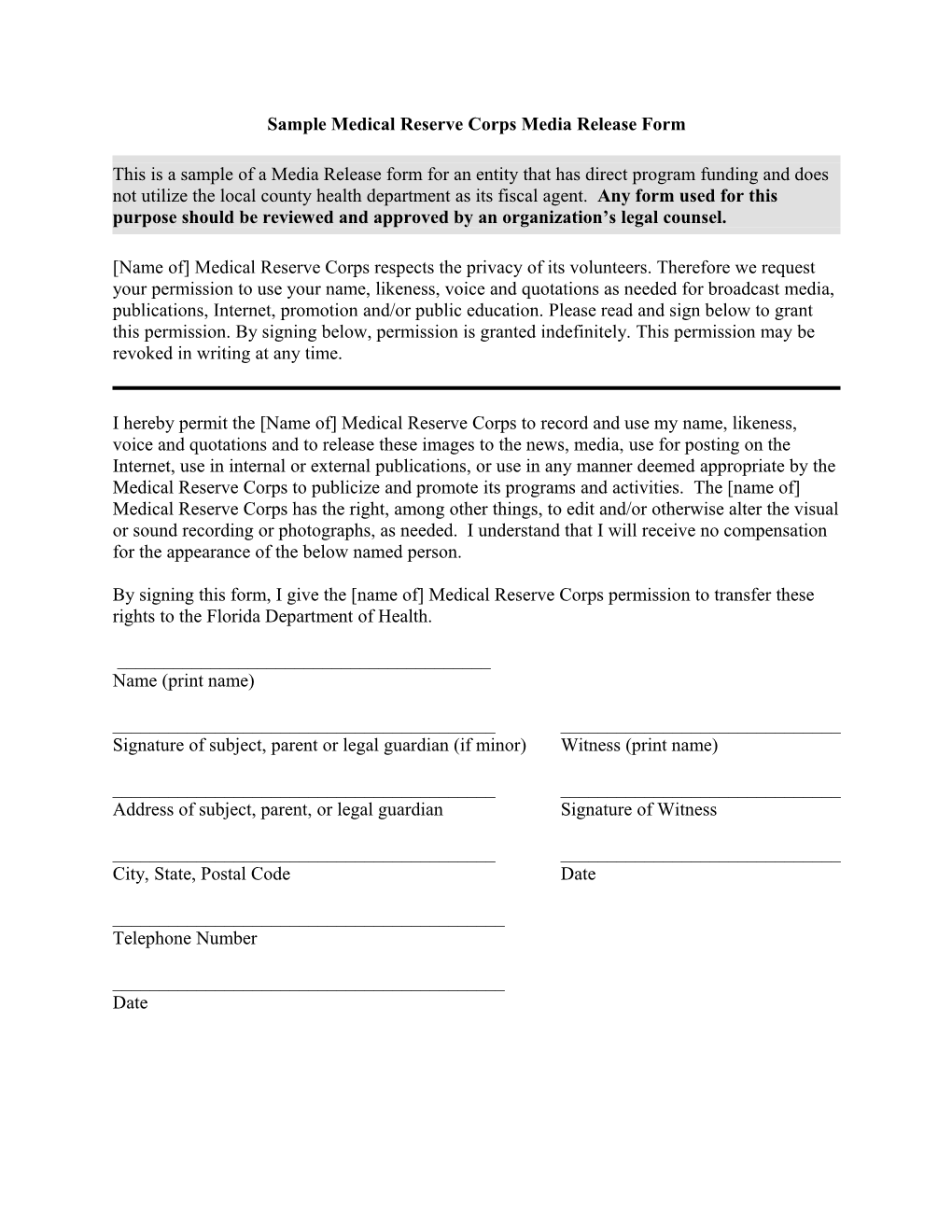 Sample Medical Reserve Corps Media Release Form