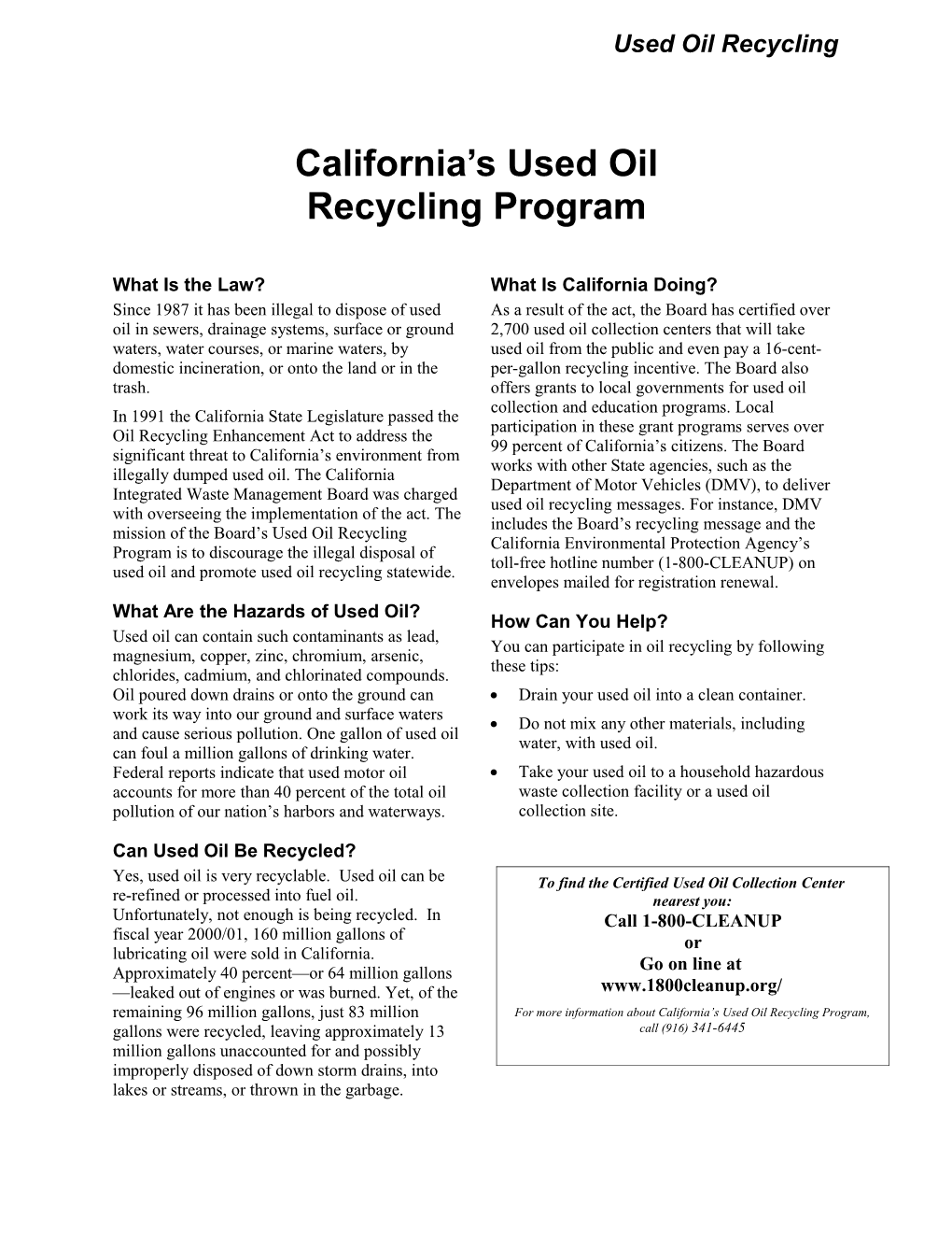 California S Used Oil Recycling Program