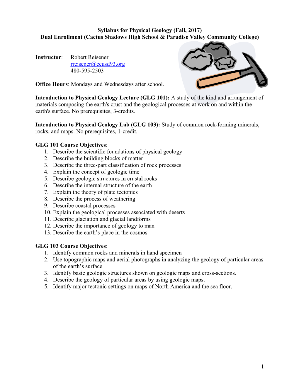 Syllabus For Physical Geology (Glg101) And Lab (Glg103)