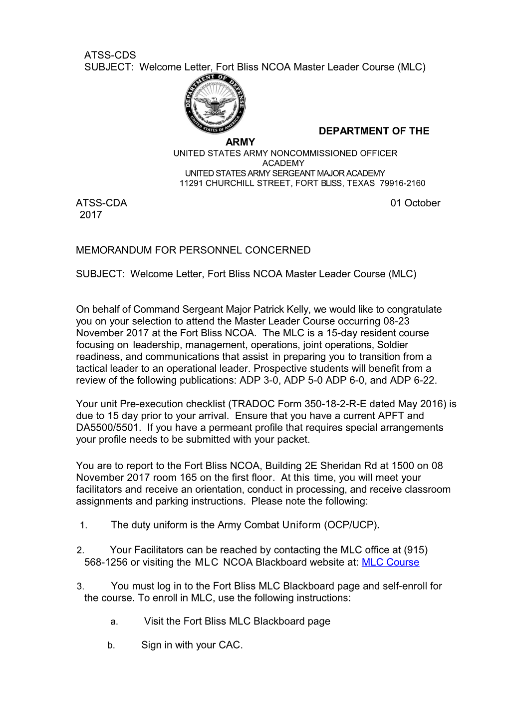 SUBJECT: Welcome Letter, Fort Bliss NCOA Master Leader Course (MLC)