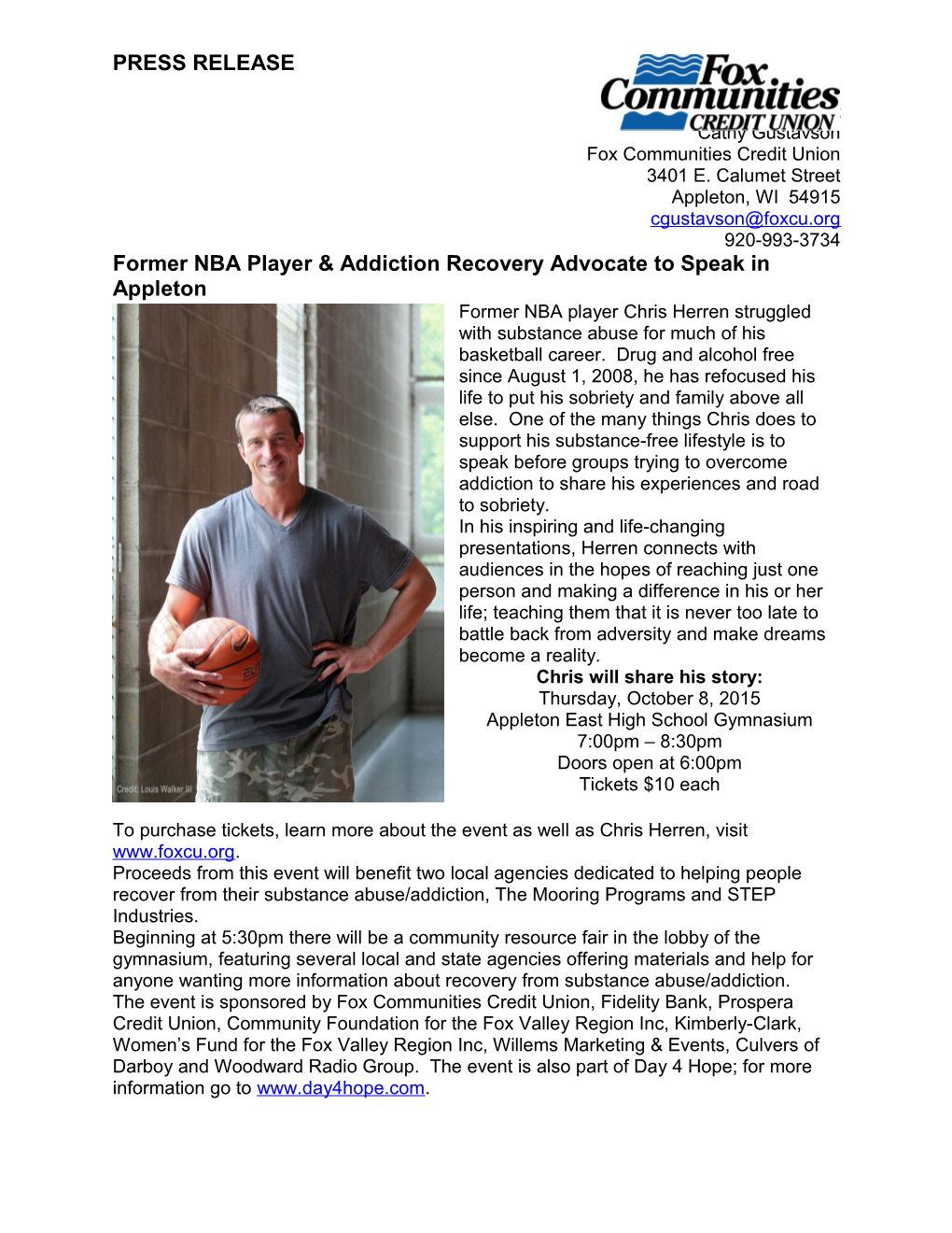 Former NBA Player & Addiction Recovery Advocate to Speak in Appleton