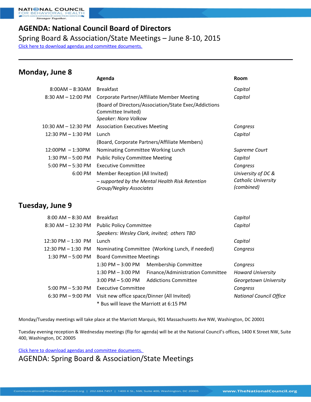 Spring Board & Association/State Meetings June 8-10, 2015