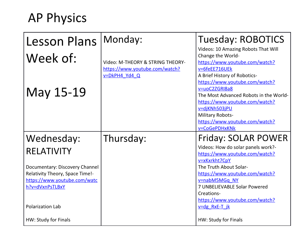 Lesson Plans Week Of: May 15-19