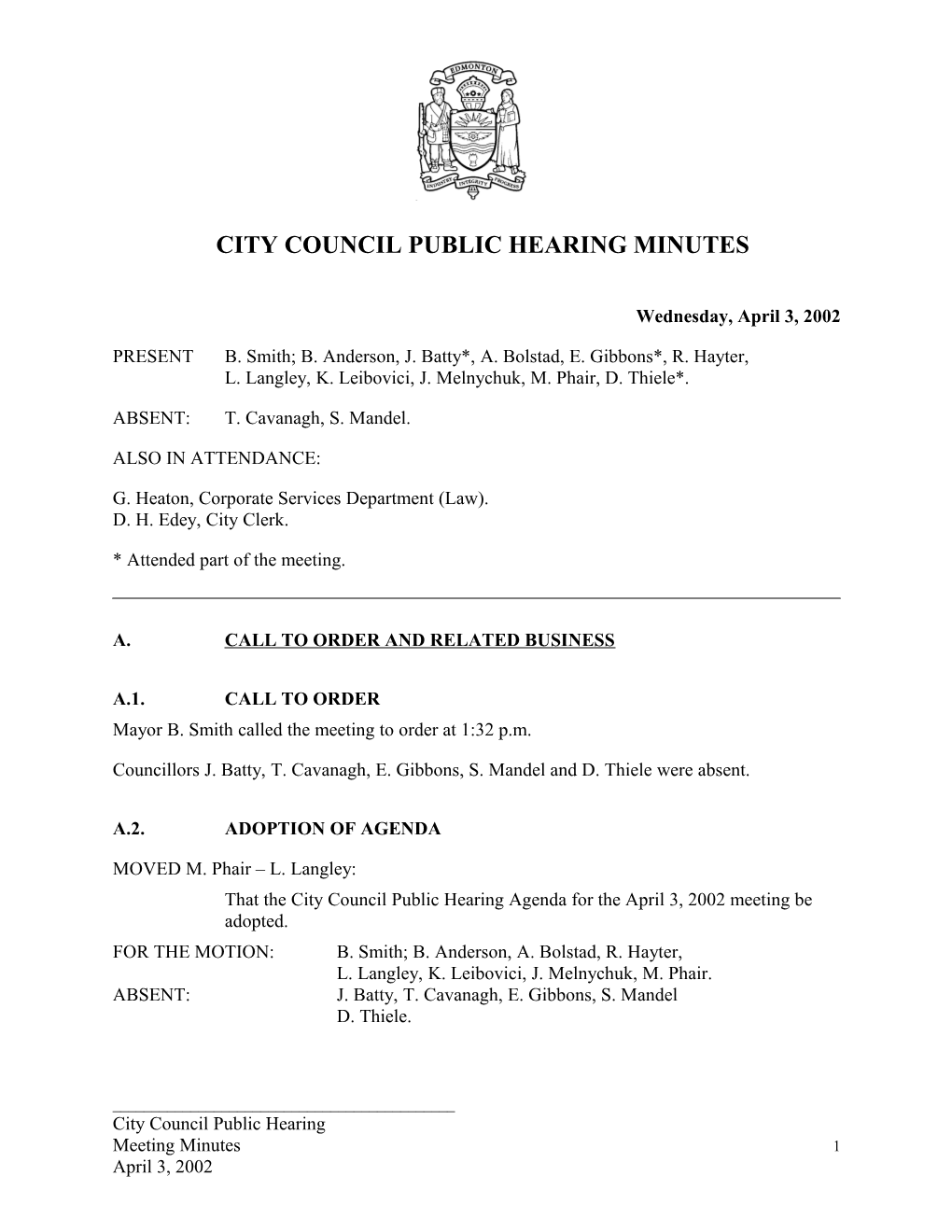 Minutes for City Council April 3, 2002 Meeting