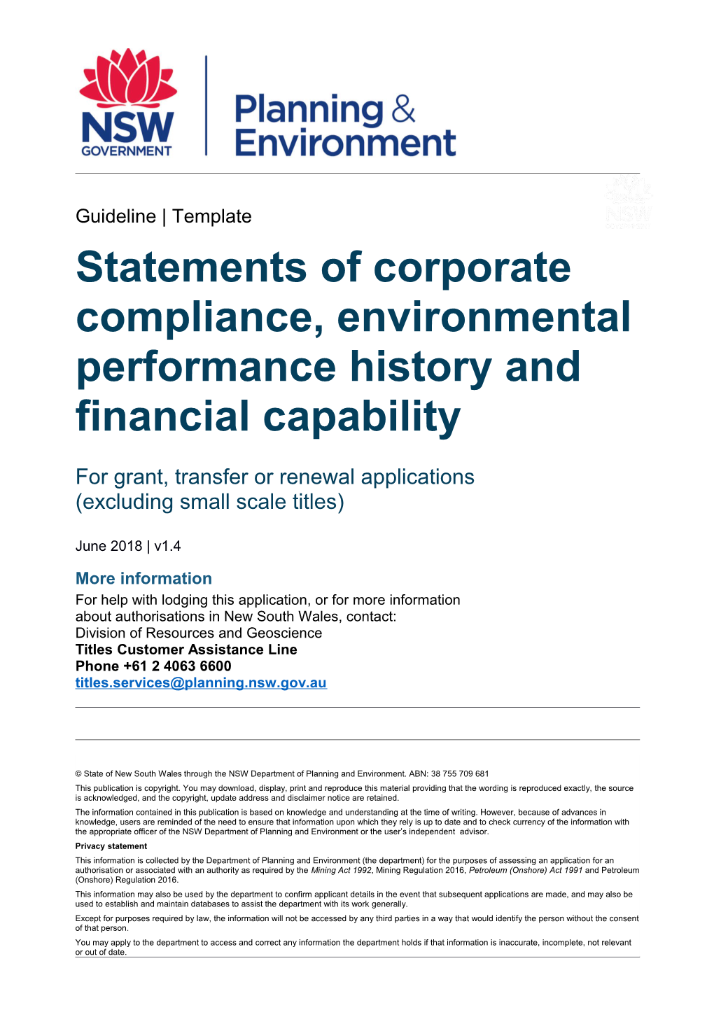 Statements of Corporate Compliance, Environmental Performance History and Financial Capability