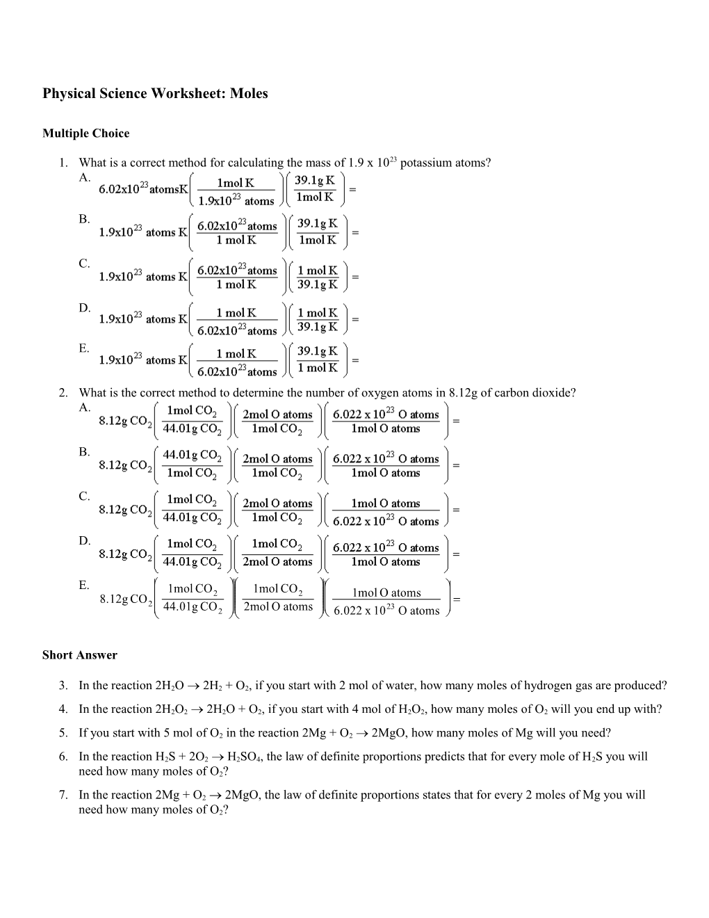 Physical Science Worksheet: Moles