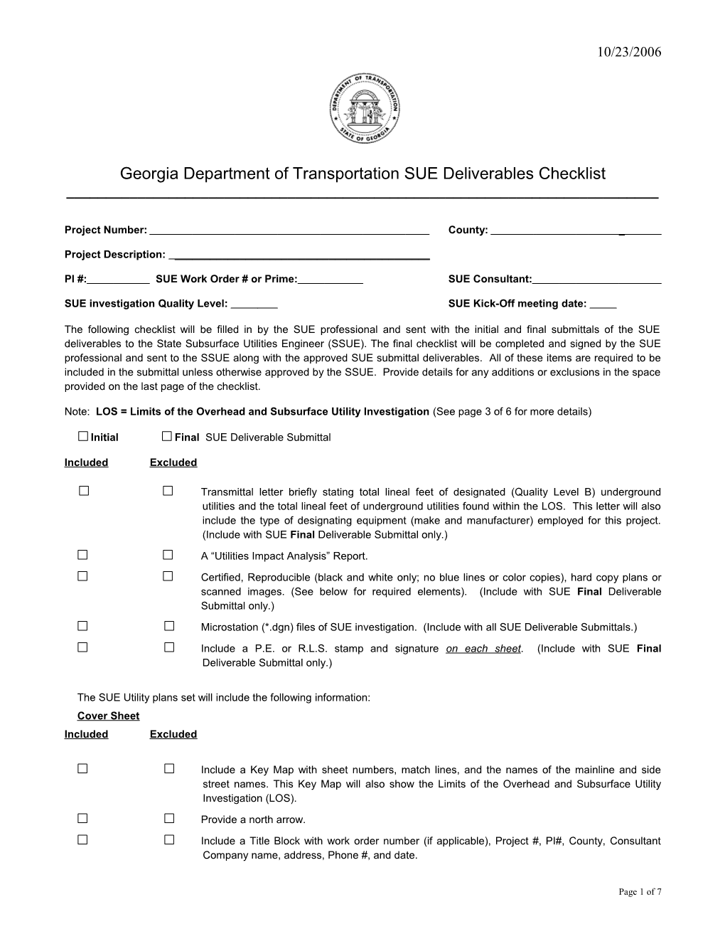 Georgia Department Of Transportation SUE Deliverables Checklist REVISED_10-23-2006.Doc