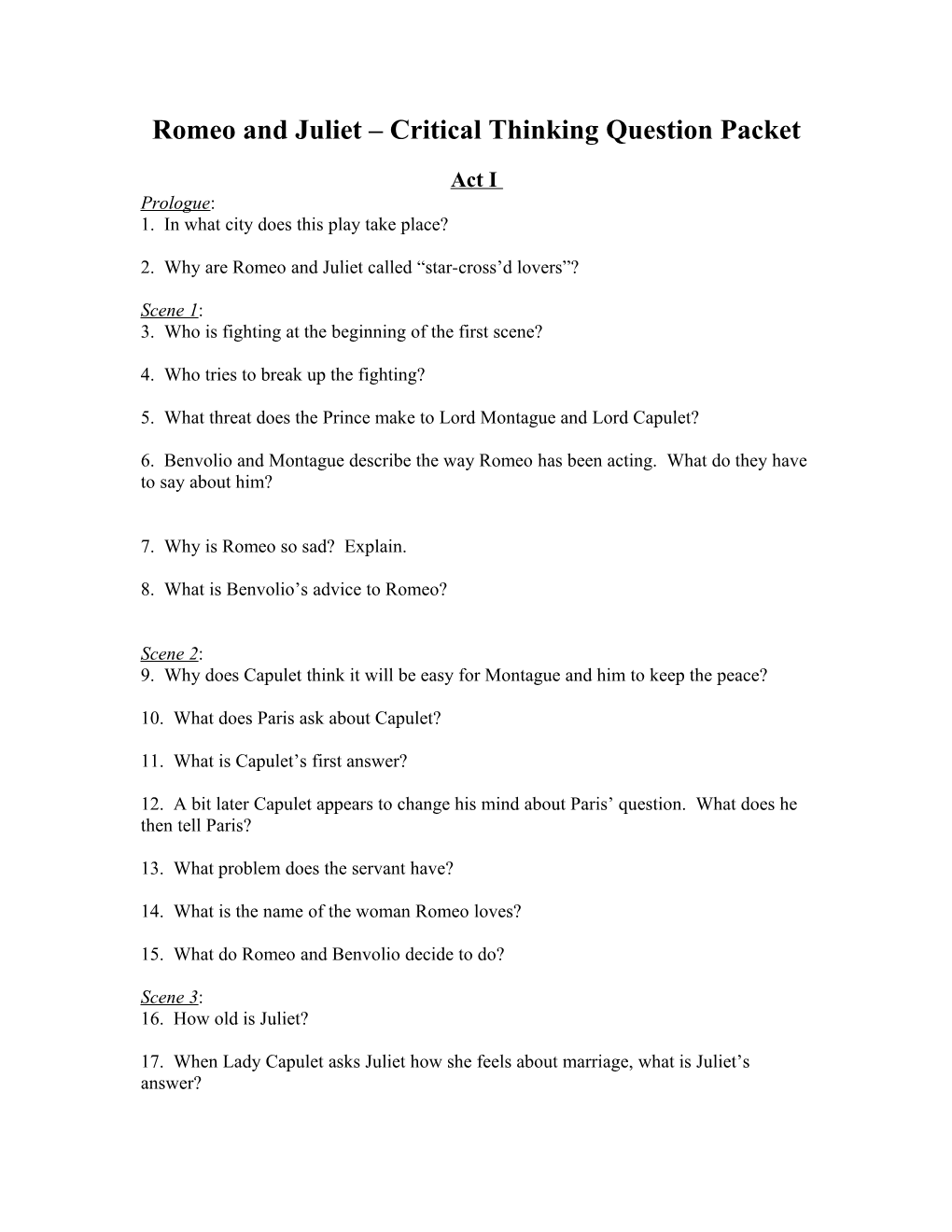 Romeo and Juliet Critical Thinking Question Packet