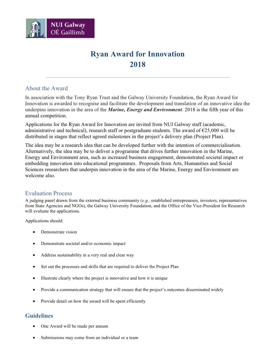 Ryan Award for Innovation 2018