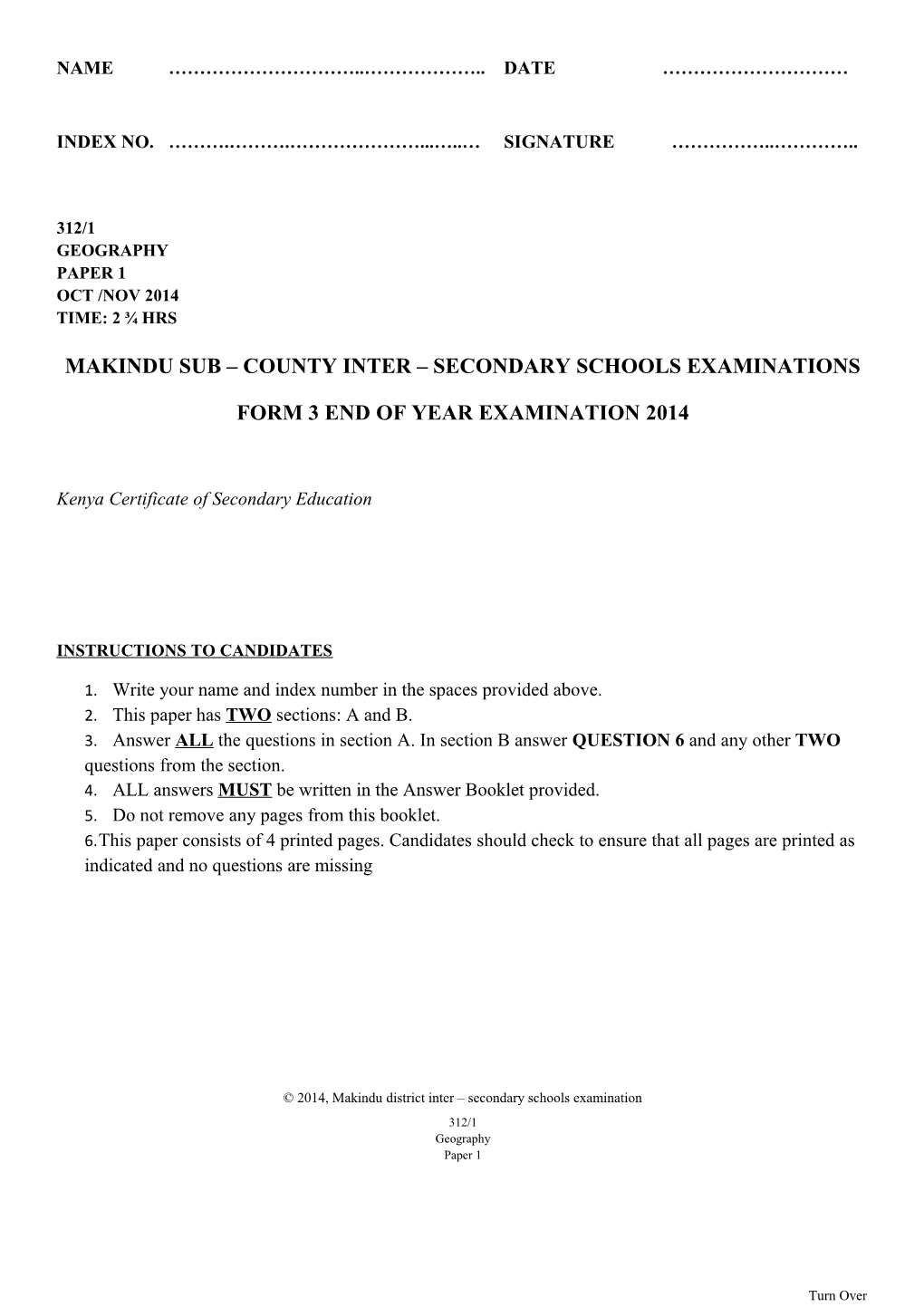 Makindu Sub County Inter Secondary Schools Examinations