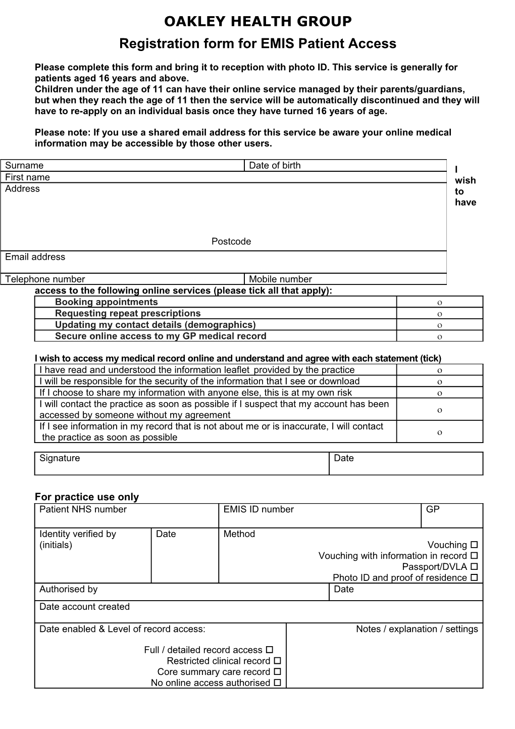 Registration Form for EMIS Patient Access