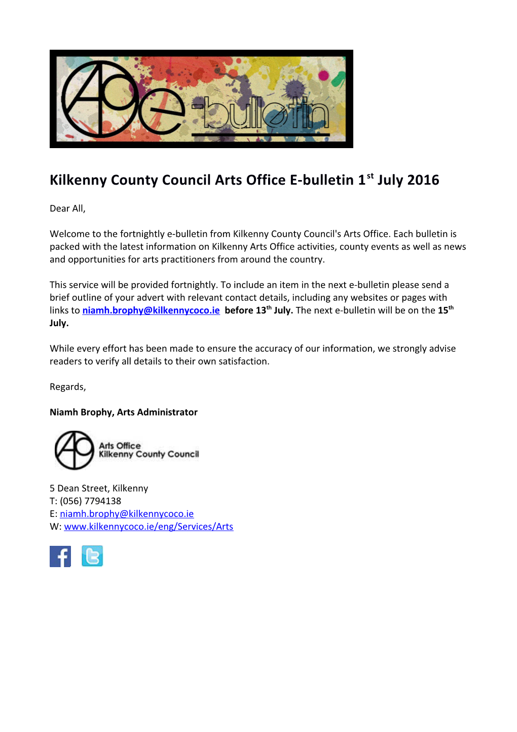 Kilkenny County Council Arts Office E-Bulletin 1St July 2016