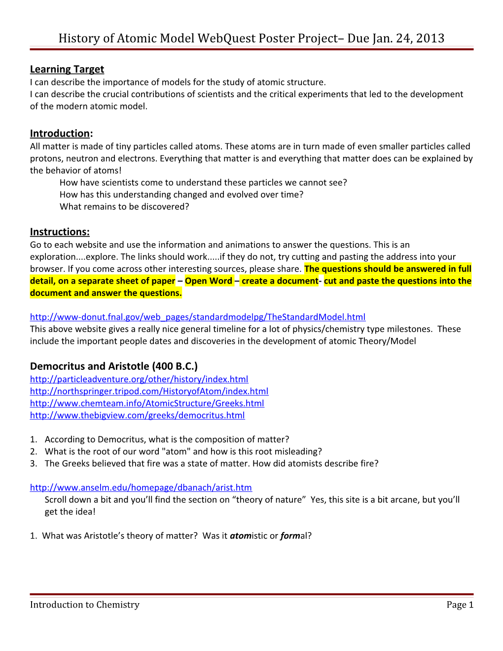 Atomic Model/Theory Webquest