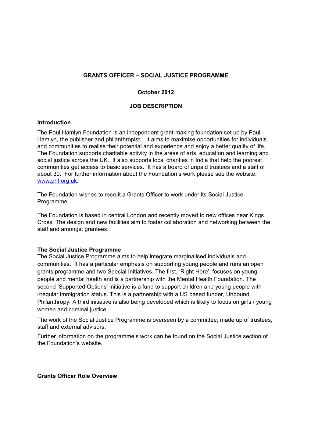 Grants Officer Social Justice Programme