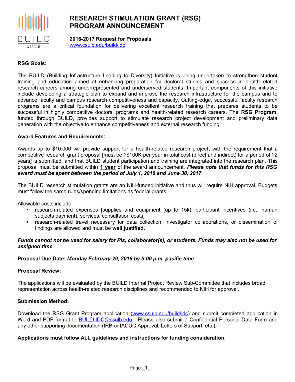 Collaborative Research Stimulation Grant (CRSG) Program Application, BUILD CSULB