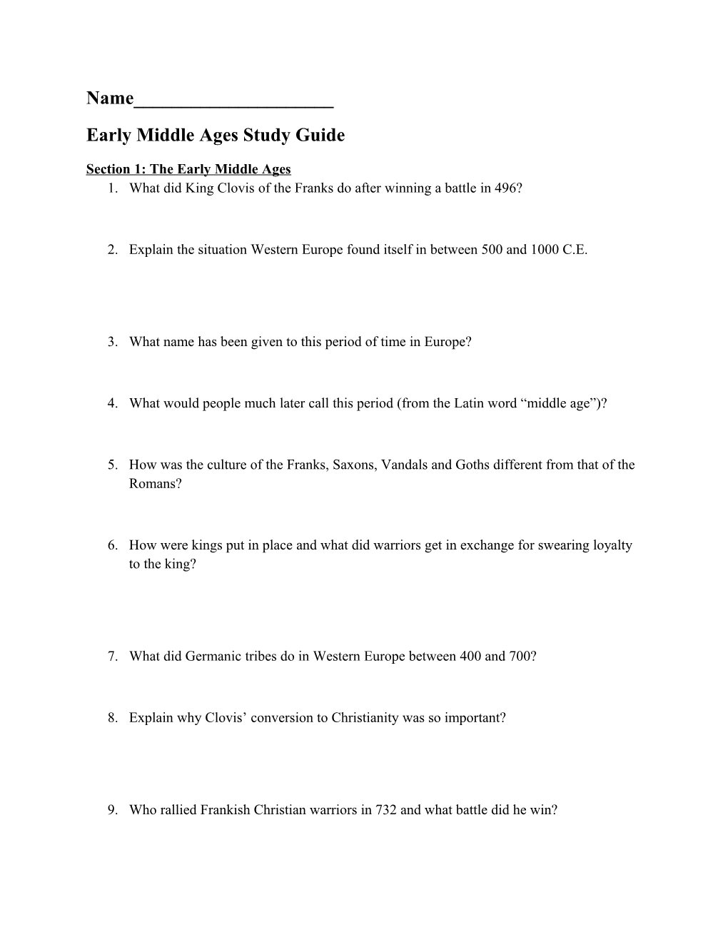 Early Middle Ages Study Guide