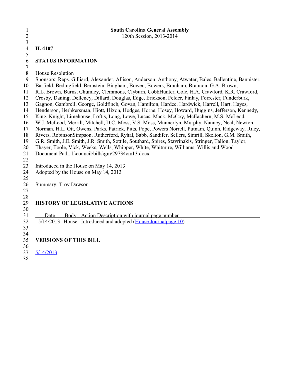 2013-2014 Bill 4107: Troy Dawson - South Carolina Legislature Online