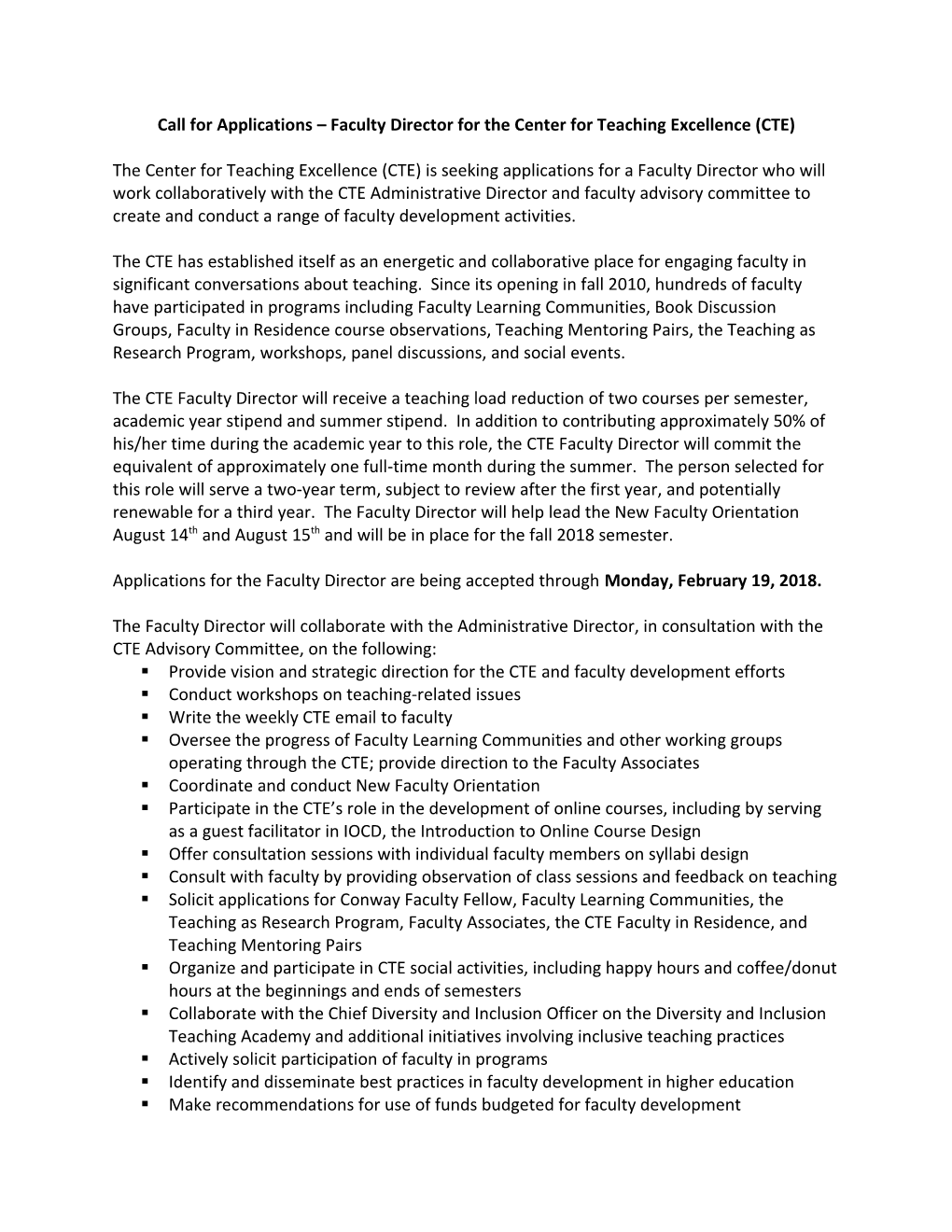 Call for Applications Faculty Director for the Center for Teaching Excellence (CTE)