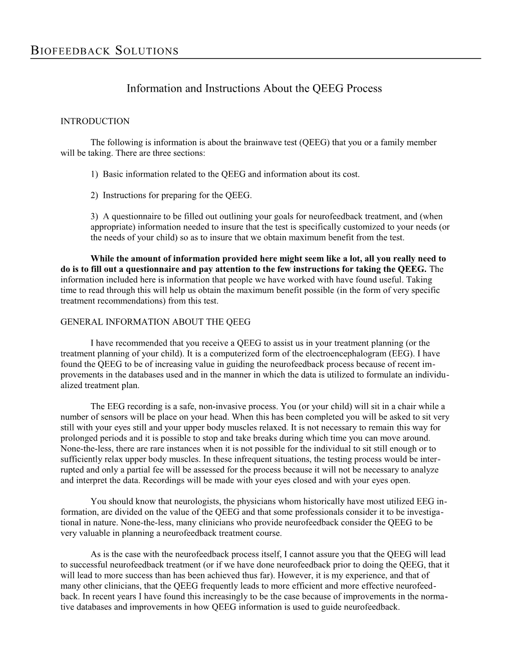 Information and Instructions About the QEEG Process