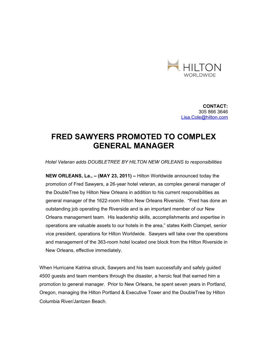 Fred Sawyers Promoted to Complex General Manager