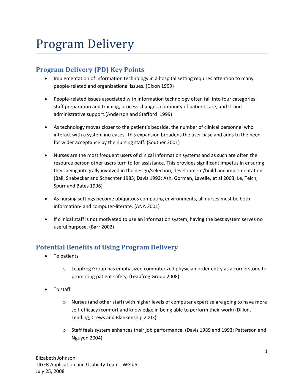 Program Delivery (PD) Key Points