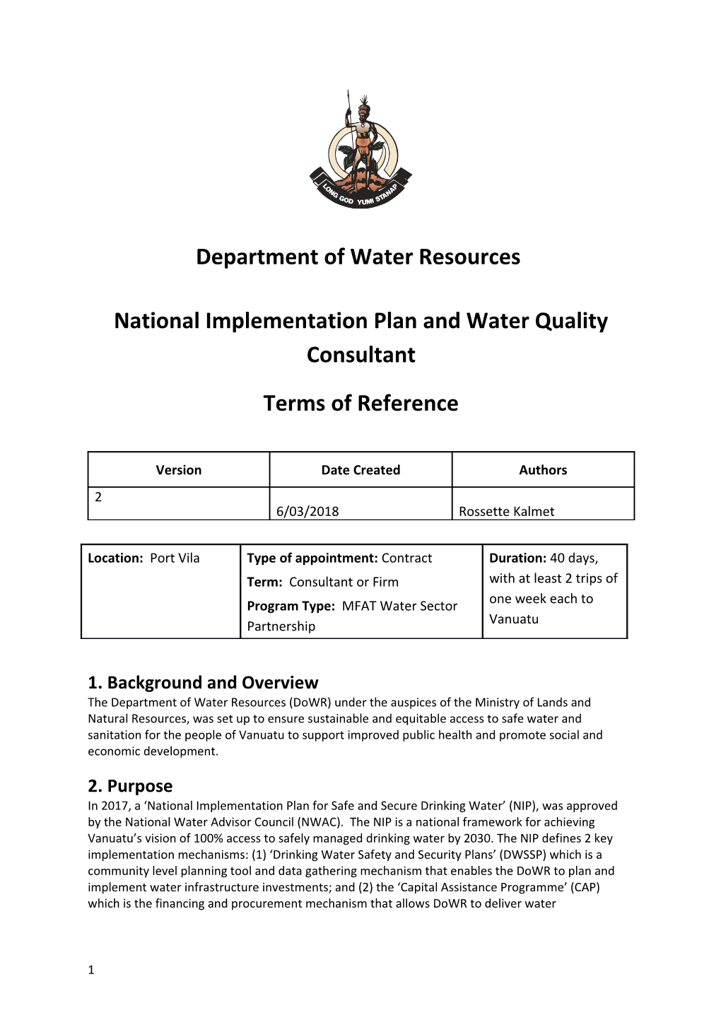 National Implementation Plan and Water Quality Consultant