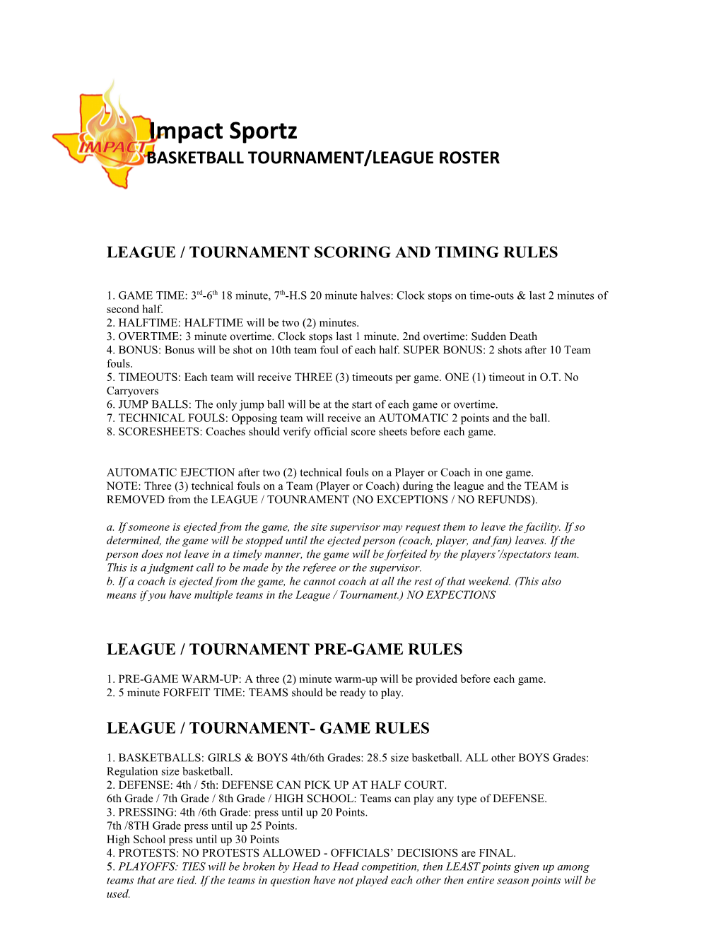 League / Tournament Scoring and Timing Rules