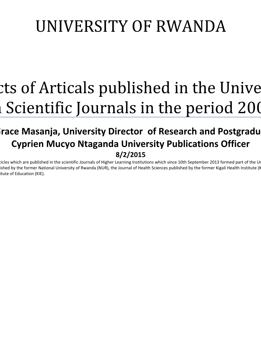 Abstracts Of Articals Published In The University Of Rwanda Scientific Journals In The Period 2000-2013