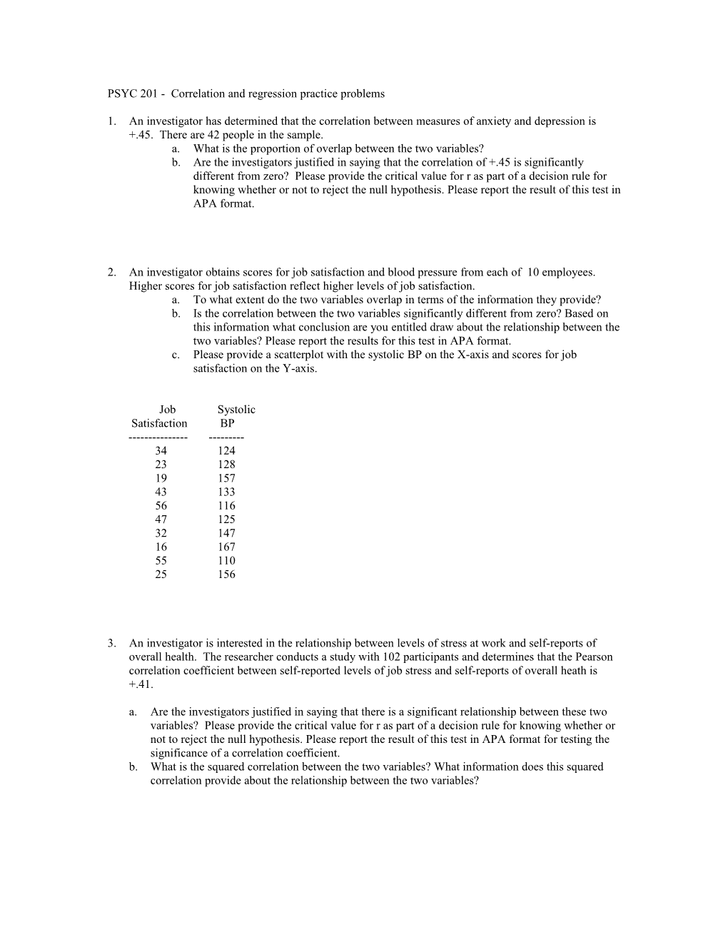 PSYC 201 - Correlation and Regression Practice Problems