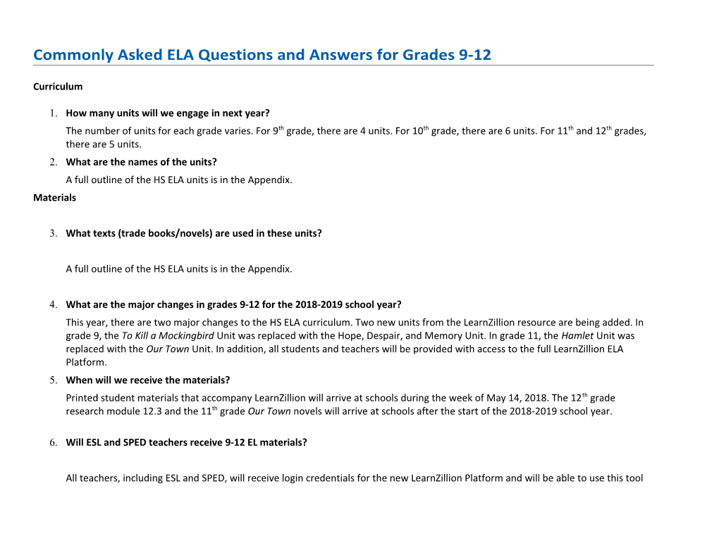 Commonly Asked ELA Questions and Answers for Grades 9-12