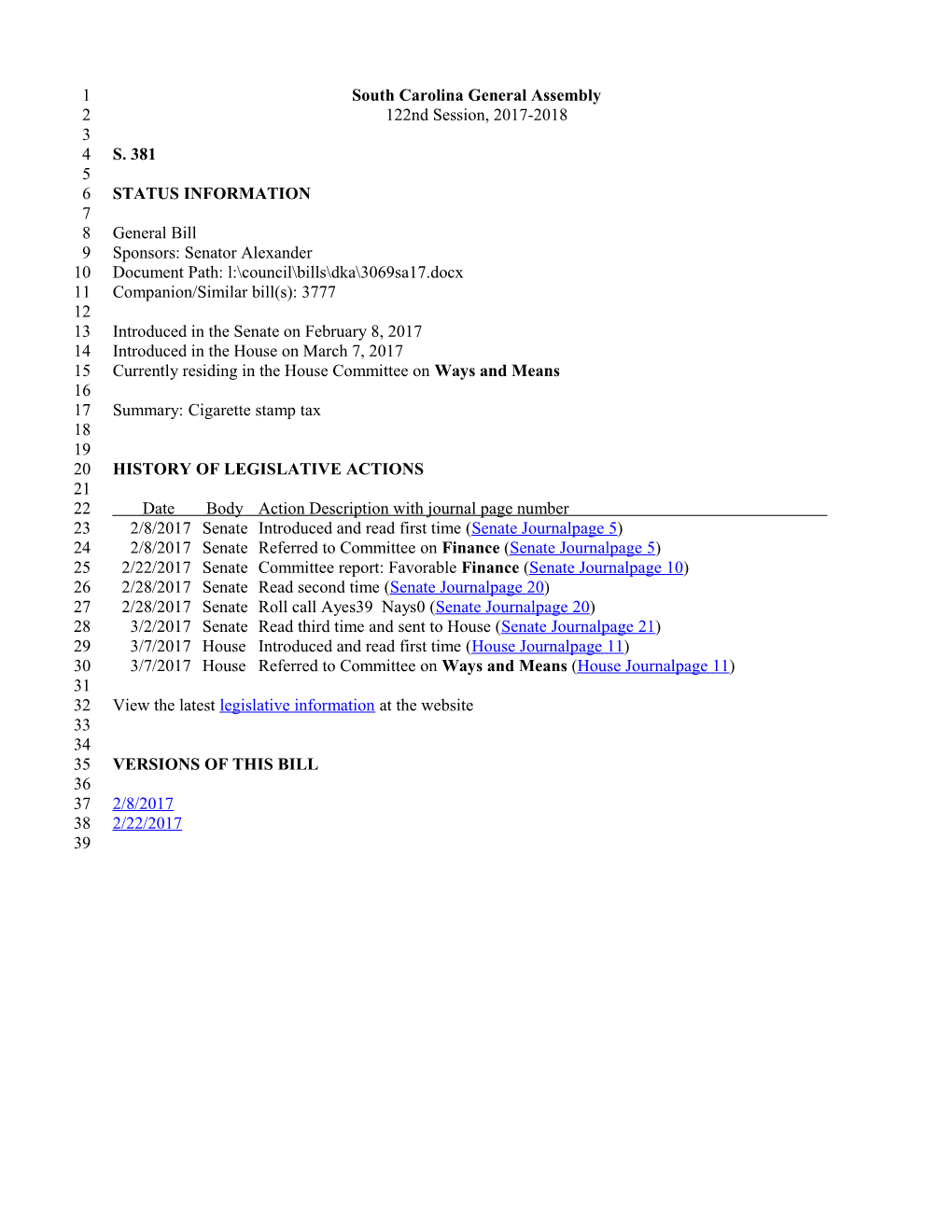 2017-2018 Bill 381: Cigarette Stamp Tax - South Carolina Legislature Online