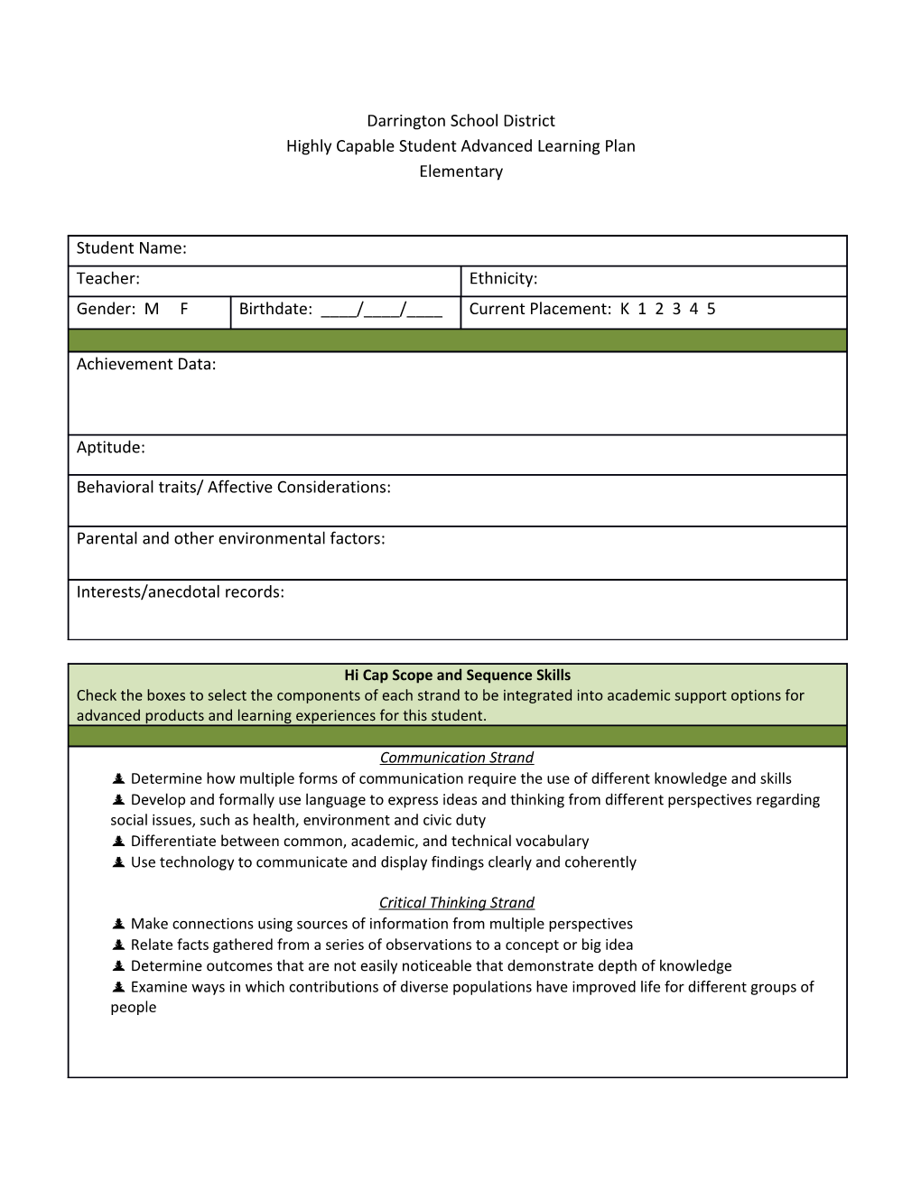 Highly Capable Student Advanced Learning Plan