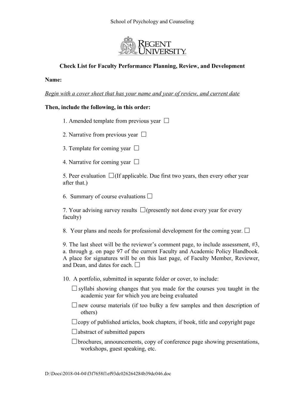 Check Off List for Faculty Performance Planning, Review, and Development