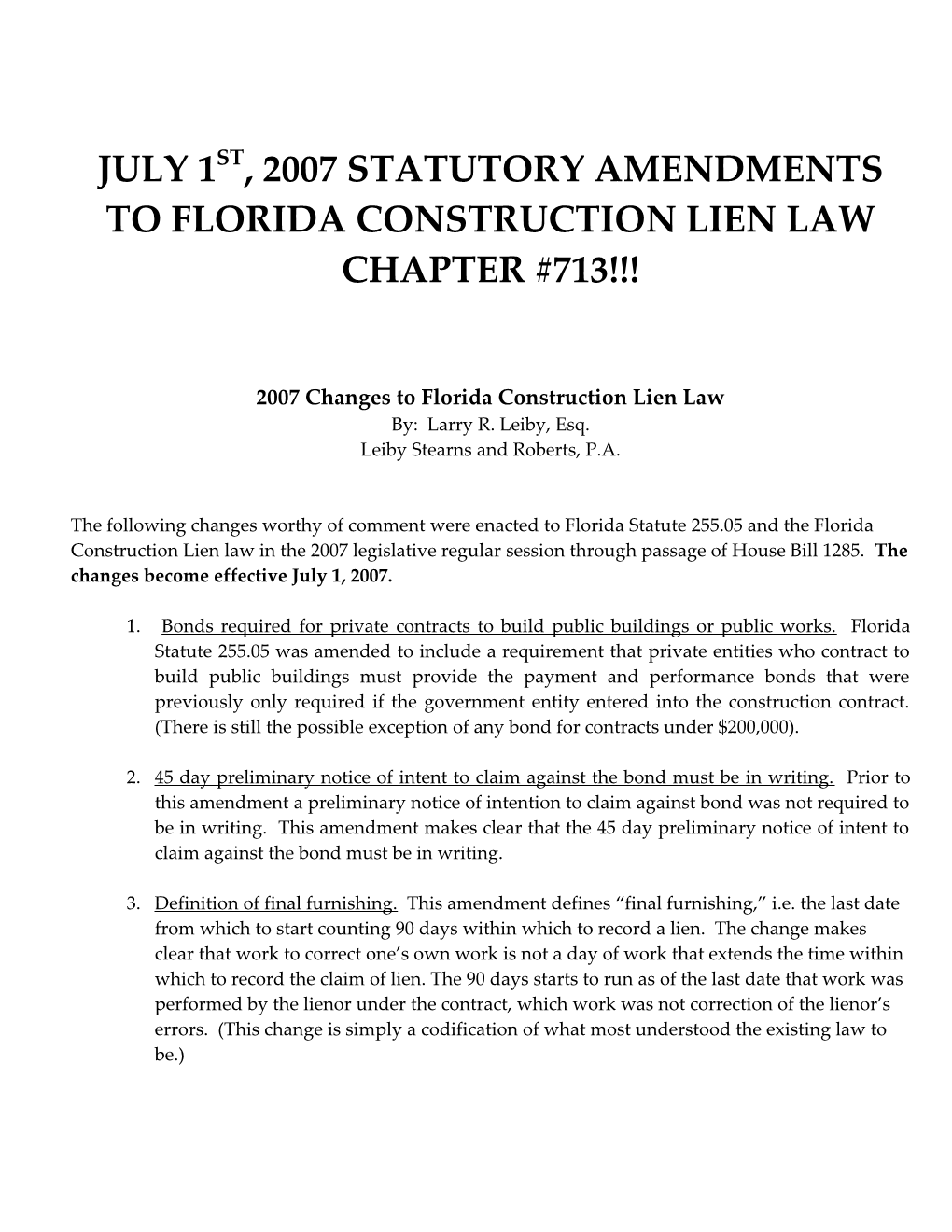 2007 Changes to Florida Construction Lien Law