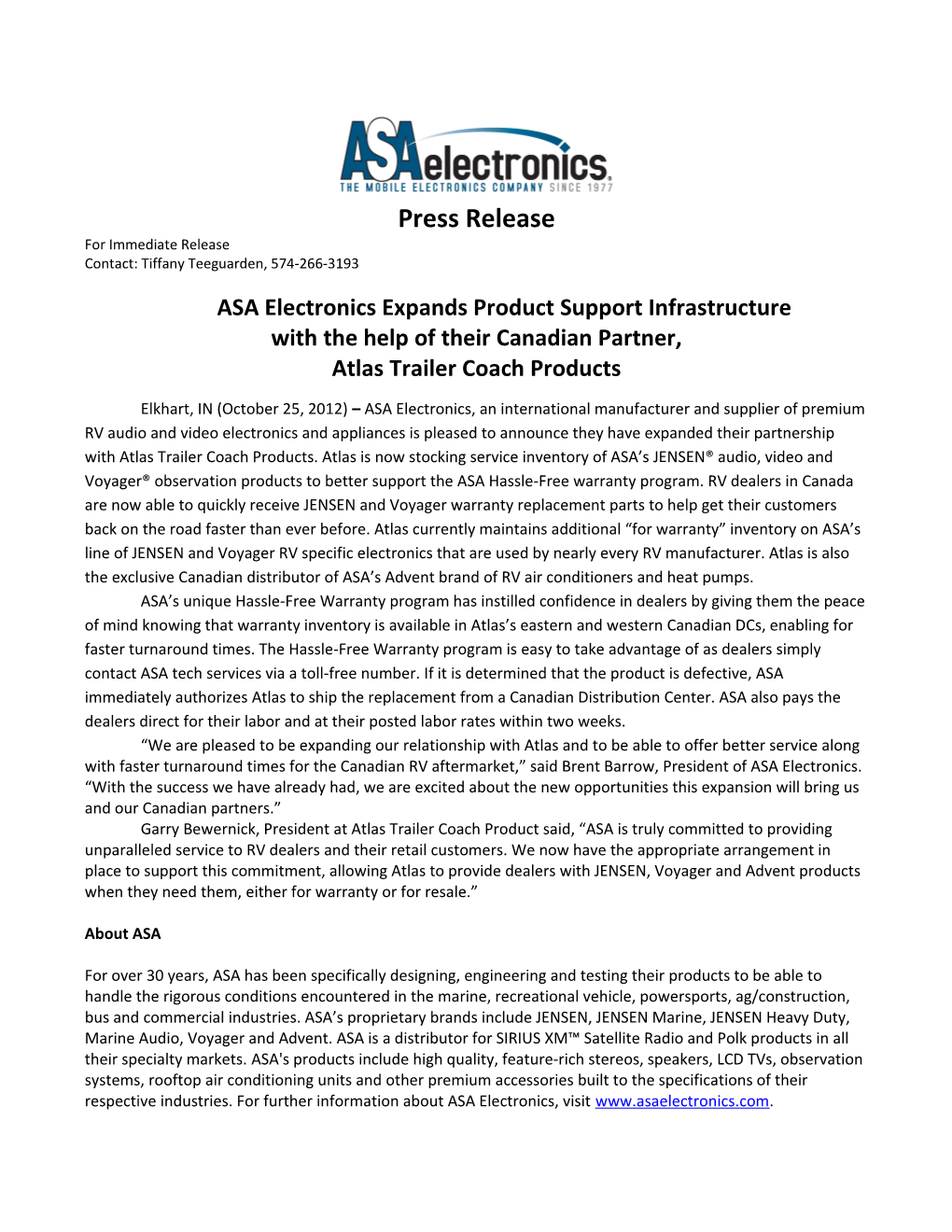 ASA Electronicsexpands Product Support Infrastructure