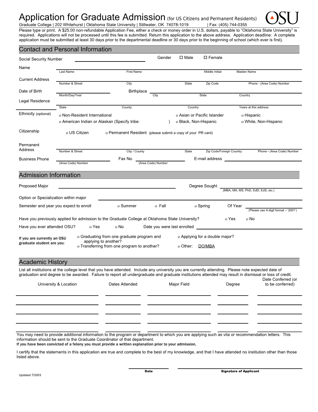 Graduate Application for Admission