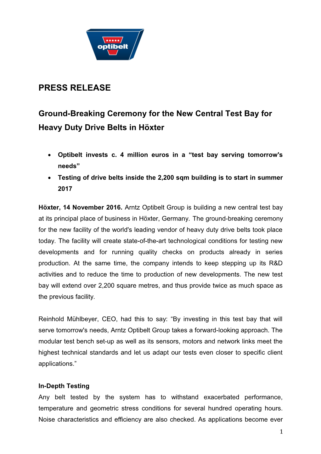 Ground-Breaking Ceremony for the New Central Test Bay for Heavy Duty Drive Belts in Höxter