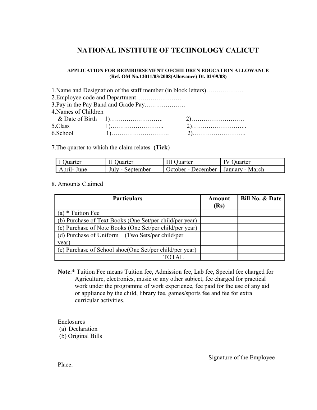 Form of Application for Claiming Reimbursement of Tution Fees of Children of Staff Members