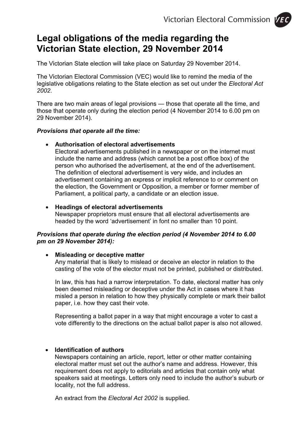 Legal Obligations of the Media Regarding the Victorian State Election, 29 November 2014