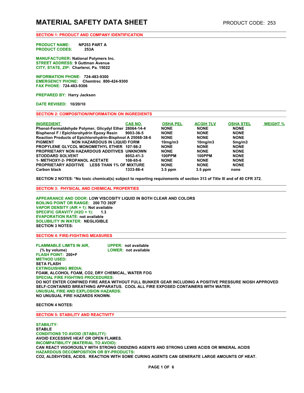 Material Safety Data Sheet Page 1 of X s6