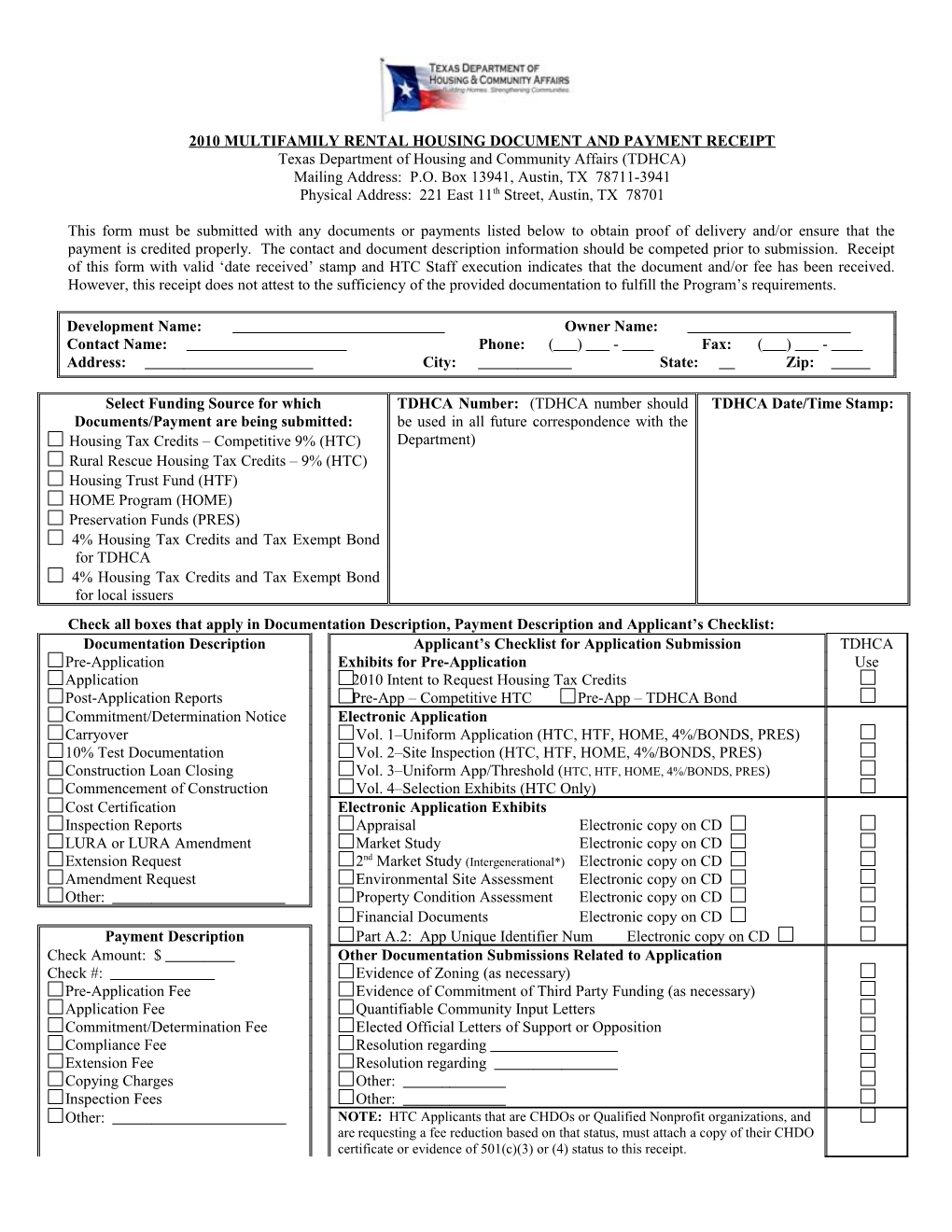 2010 Multifamily Rental Housing Document and Payment Receipt
