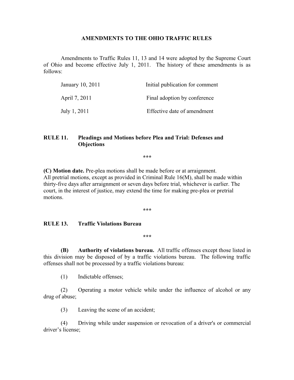 Amendments to the Ohio Traffic Rules