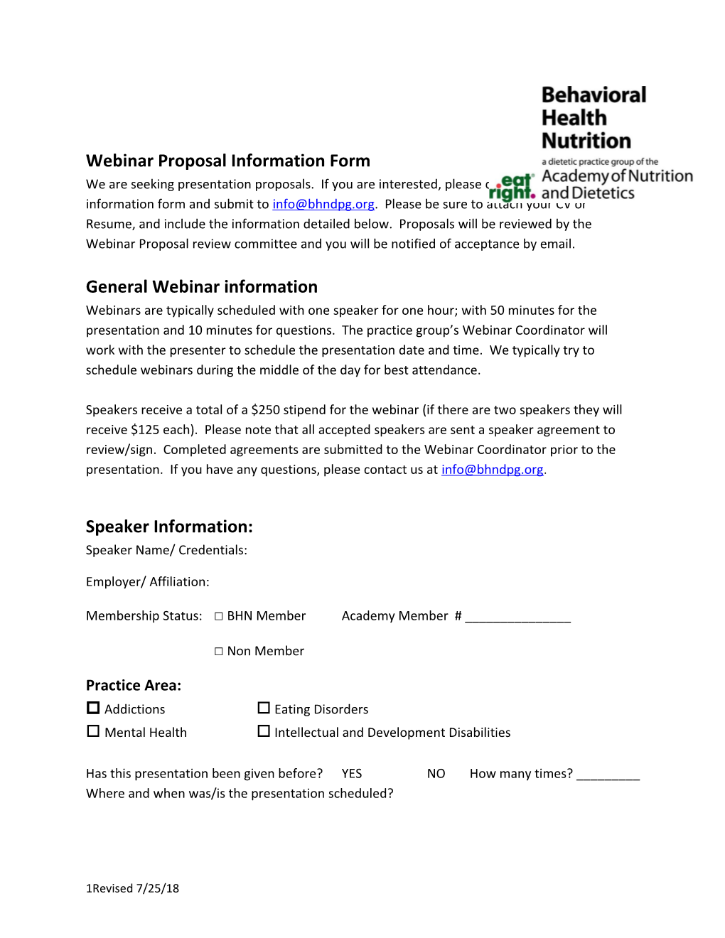 Webinar Proposal Information Form