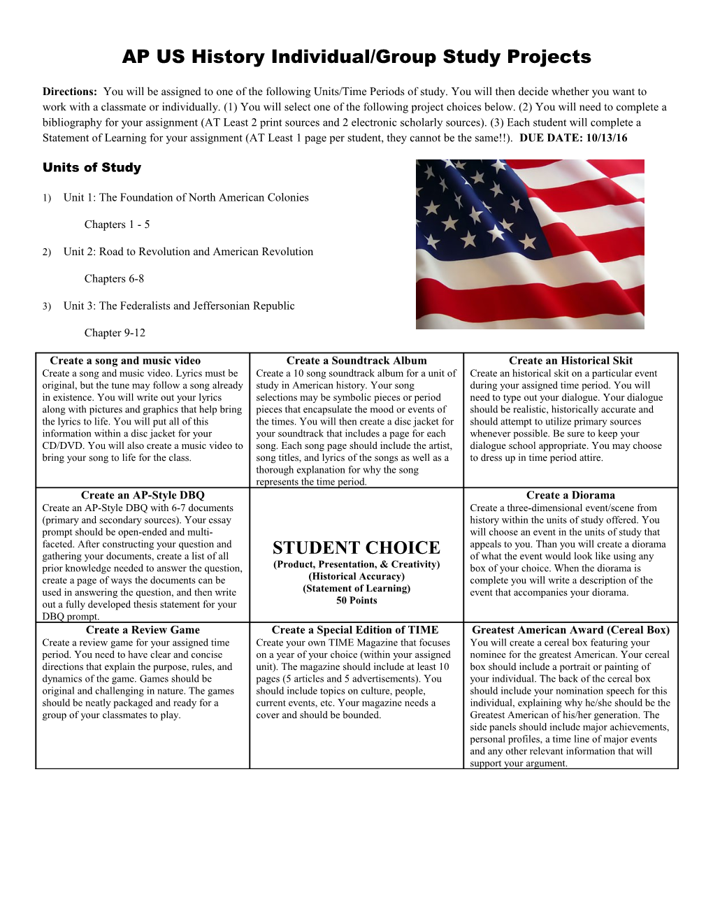 AP US History Individual/Group Study Projects