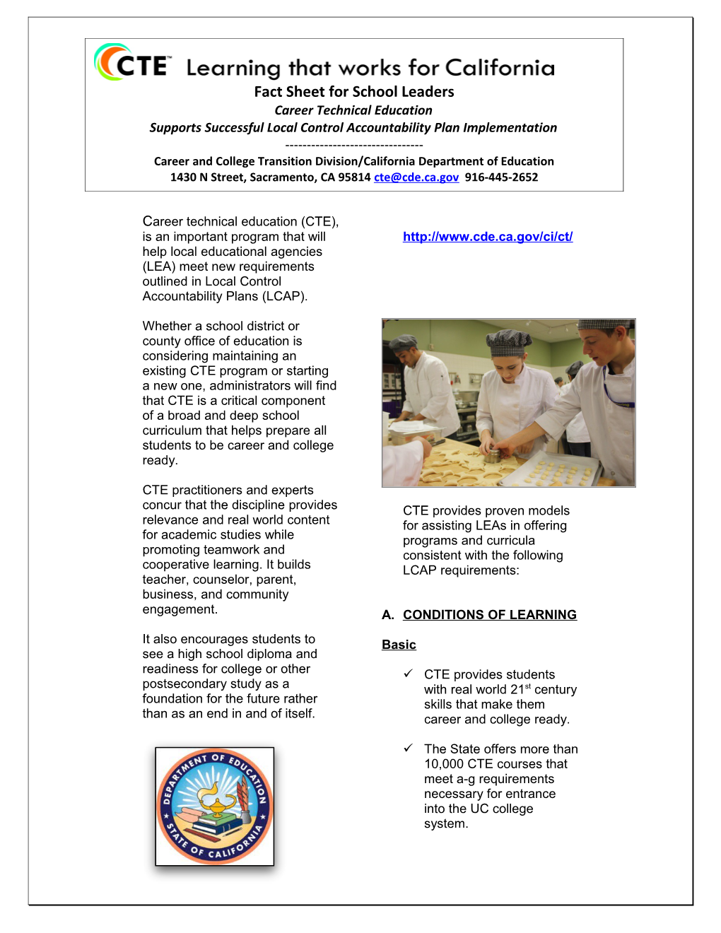 CTE Fact Sheet for School Leaders - Perkins (CA Dept of Education) s1
